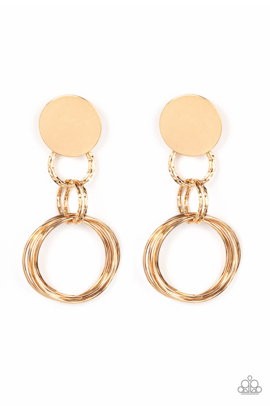 Pairs of textured gold rings link with a collection of shiny gold hoops at the bottom of a flat gold disc, resulting in a timeless metallic chandelier. Earring attaches to a standard post fitting.  Sold as one pair of post earrings.