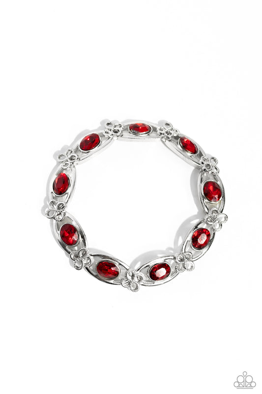 Rich red oval gems, centered within silver marquise-cut frames tilted on their sides, wrap around the wrist for a colorfully refined display. High-sheen silver infinity signs, crisscross on top of another, separating each glittery collection for additional intricate detailing.  Sold as one individual bracelet.