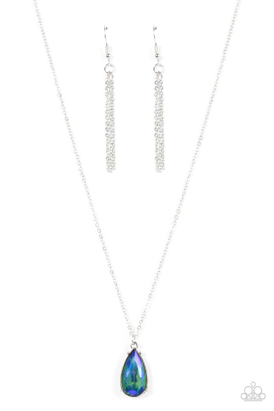 Encased in a shiny silver fitting, a glittery UV green teardrop gem glides along a dainty silver chain below the collar for a stellar fashion. Features an adjustable clasp closure.  Sold as one individual necklace. Includes one pair of matching earrings.
