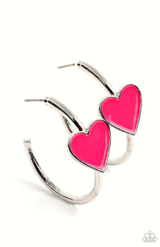 A charming Fuchsia Fedora heart adorns the front of a classic silver hoop resulting in a whimsical fashion. Earring attaches to a standard post fitting. Hoop measures approximately 1 1/4" in diameter.  Sold as one pair of hoop earrings.