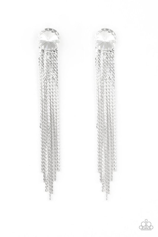 Flat silver chains stream from the bottom of a solitaire white gem, creating a dramatically tapered fringe. Earring attaches to a standard post fitting.  Sold as one pair of post earrings.