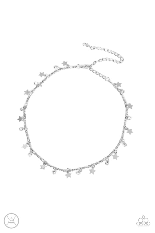 Dainty white rhinestones and flat silver stars twinkle along a classic silver chain around the neck, resulting in a stellar fringe. Features an adjustable clasp closure.  Sold as one individual choker necklace. Includes one pair of matching earrings.