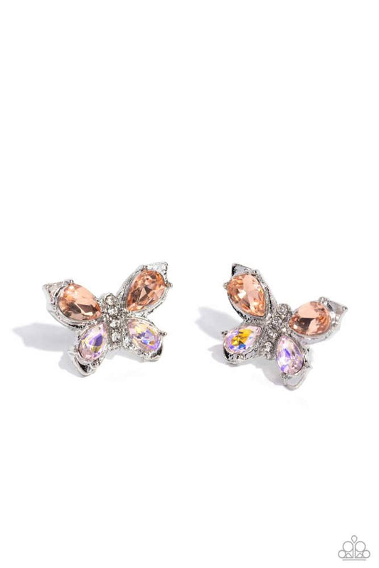 Featuring peach and UV-shimmery teardrop gems, a glistening silver butterfly sparkles at the ear for an enchanting fashion. Earring attaches to a standard post fitting.  Sold as one pair of post earrings.