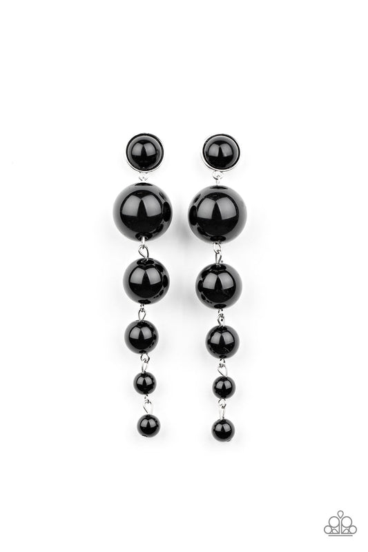 Attached to a matching black beaded silver fitting, a bubbly collection of polished black beads graduate in size as they trickle from the ear, linking into a dramatically elegant lure. Earring attaches to a standard post fitting.  Sold as one pair of post earrings.