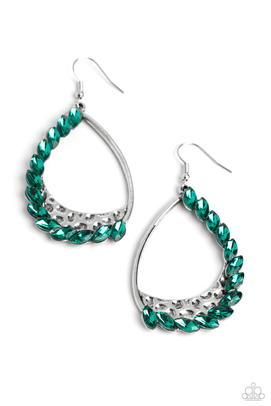 A sharp collection of reflective green marquise-cut gems embellish and curve up one side of a gritty teardrop frame, creating an edgy embellishment. Creating additional grit to the design, a thick inlay of hammered silver with subtle texture curves just below the gems. Earring attaches to a standard fishhook fitting.  Sold as one pair of earrings.