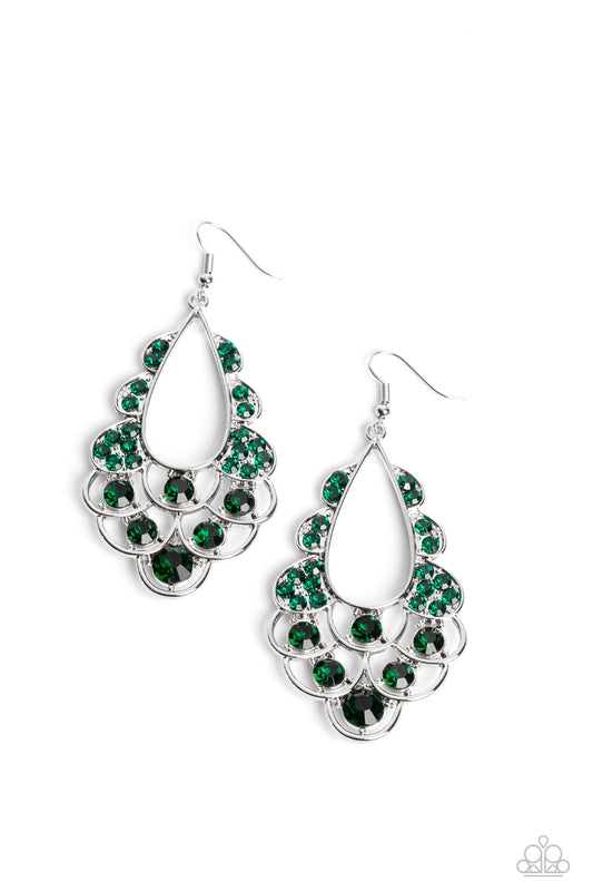 Airy loops of high-sheen silver, dotted with glittery emerald faceted gems, ripple out from an airy teardrop shape. Some curls feature solitaire oversized gems, while others feature a dainty collection resulting in a timeless, incandescent teardrop chandelier below the ear. Earring attaches to a standard fishhook fitting.  Sold as one pair of earrings.