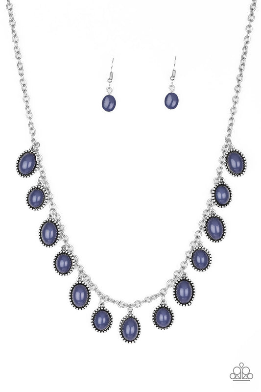 Infused with studded silver frames, round and oval Sargasso Sea beads swing from a shimmery silver chain, creating a refreshing fringe below the collar. Features an adjustable clasp closure.  Sold as one individual necklace. Includes one pair of matching earrings.