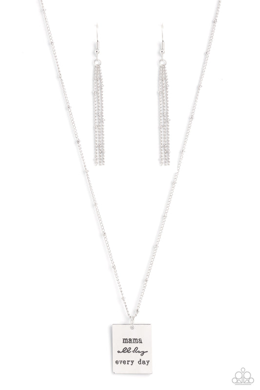 Infused with dainty silver studs on a dainty silver chain, a silver rectangular plate is stamped with the phrase "mama all day every day," for a monochromatic, minimalistic tribute. Features an adjustable clasp closure.  Sold as one individual necklace. Includes one pair of matching earrings.