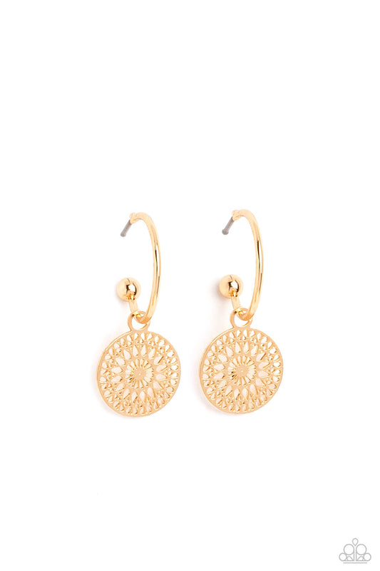Women's gold earrings with small discs with cutouts