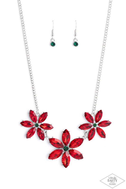 Rich red marquise cut rhinestones gather into whimsical flowers dotted with brilliant emerald rhinestone centers. The sparkling red gems are set in pronged settings and connect to a dainty silver chain creating a fanciful display across the collar. Features an adjustable clasp closure.  Sold as one individual necklace. Includes one pair of matching earrings.
