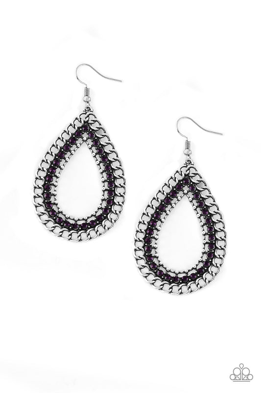 Antiqued chain links spin around a row of glittery purple rhinestones, coalescing into an edgy silver teardrop. Earring attaches to a standard fishhook fitting.  Sold as one pair of earrings.