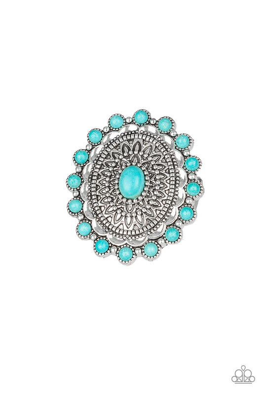 Embossed in dizzying floral details, a shimmery silver frame is dotted with refreshing turquoise stone accents for a seasonal look. Features a stretchy band for a flexible fit. Sold as one individual ring.