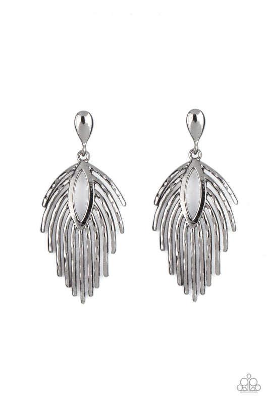 Anchored by a solid gunmetal bulb, gunmetal bars flare out and fall like shooting stars from an open marquise frame creating a captivating allure. Earring attaches to a standard post fitting.  Sold as one pair of post earrings.