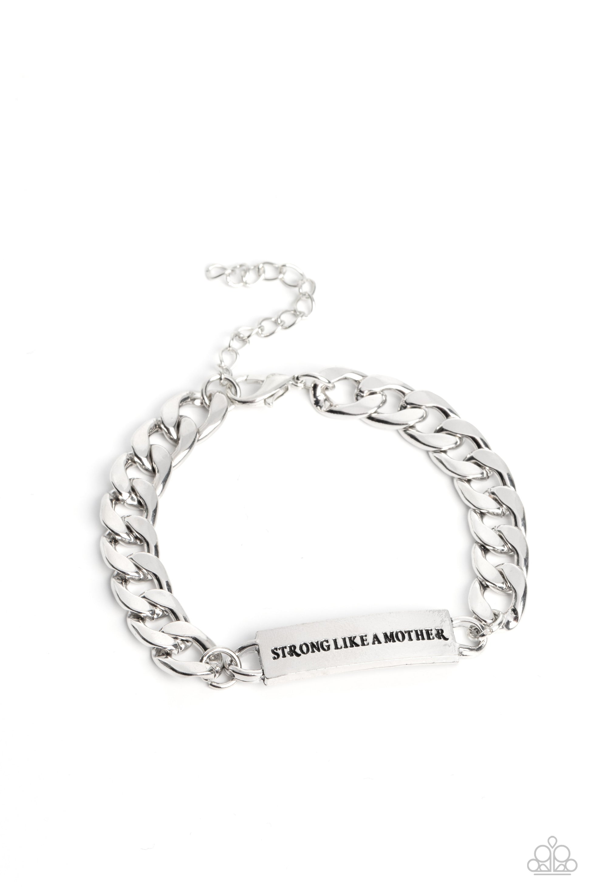 Attached to a thick, silver curb chain, a rectangular plate is stamped with the phrase "strong like a mother," for a sentimental, urban statement around the wrist. Features an adjustable clasp closure.  Sold as one individual bracelet.