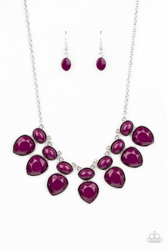 Featuring sleek silver fittings, rows of faceted Magenta Purple teardrop beads attach to the bottoms of polished Magenta Purple oval beads, creating a dangerously bold fringe below the collar. Features an adjustable clasp closure.  Sold as one individual necklace. Includes one pair of matching earrings.