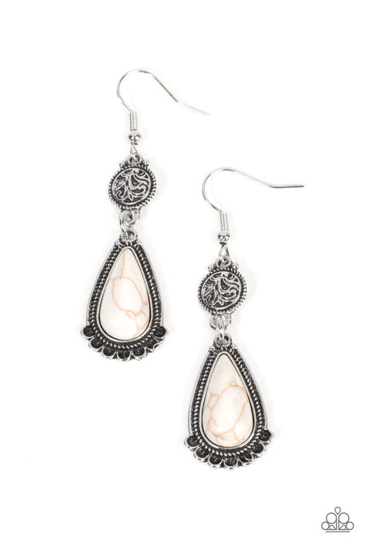 Dainty silver petals flare out from the bottom of a teardrop white stone frame that delicately links to the bottom of a silver disc whirling with a rustic vine motif. Earring attaches to a standard fishhook fitting.  Sold as one pair of earrings.