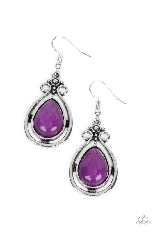 Shiny silver filigree curls around an amethyst stone teardrop, resulting in a colorful yet earthy lure. Earring attaches to a standard fishhook fitting  Sold as one pair of earrings.
