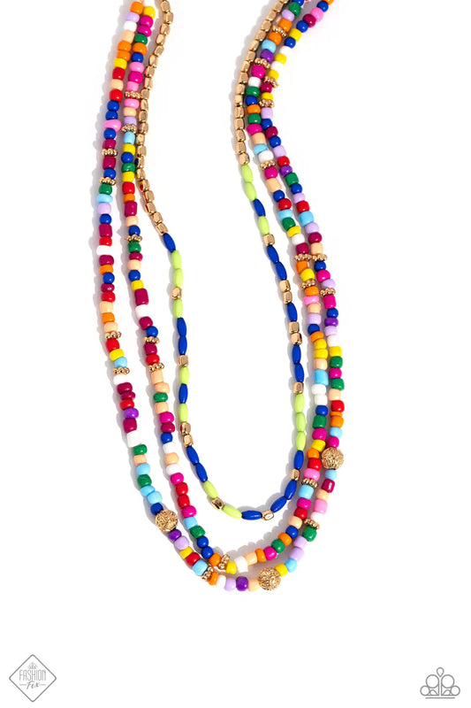 Strands of multicolored seed beads drape across the chest in a layered cascade. Sporadically accented with gold filigree beading and other gold accents, the ornate Moroccan-inspired display is finished with a touch of radiance. Features an adjustable clasp closure.  Sold as one individual necklace. Includes one pair of matching earrings.