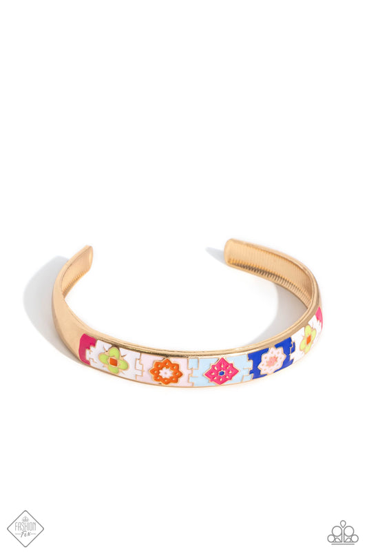 Centered atop a sleek gold cuff, a band of hand-painted, Moroccan-inspired patterns and details brilliantly shines in a variety of fun-loving colors, creating a flauntable basic.  Sold as one individual bracelet.