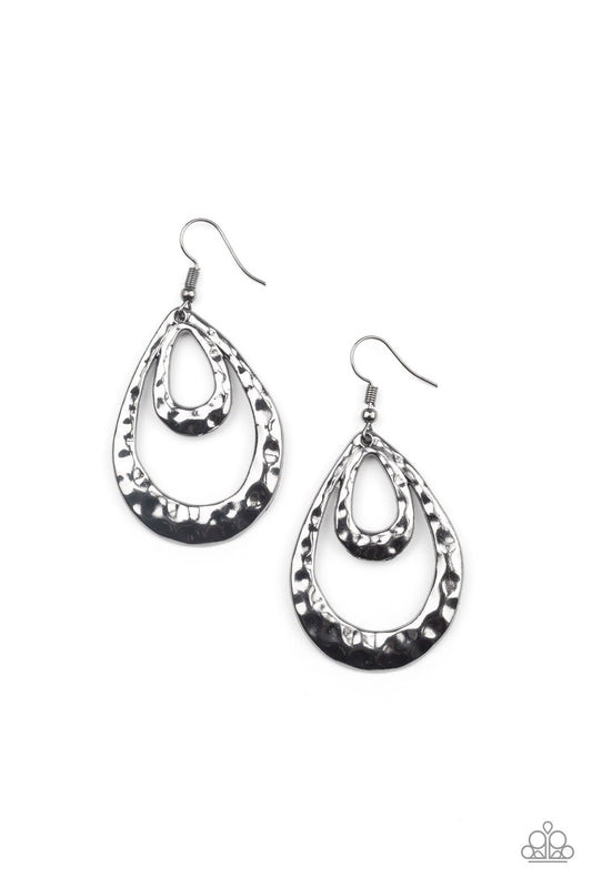 Hammered gunmetal teardrops join into an edgy layered lure, creating an intense industrial display. Earring attaches to a standard fishhook fitting.

Sold as one pair of earrings.