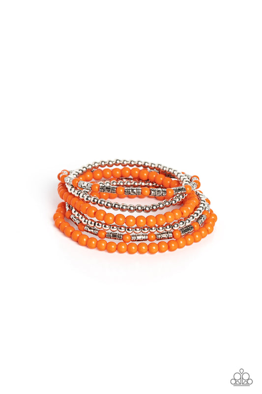 A trendy collection of orange, silver and silver cylindrical textured beads wrap around the wrist on elastic stretchy bands for a colorful, seasonal stack.  Sold as one set of six bracelets.