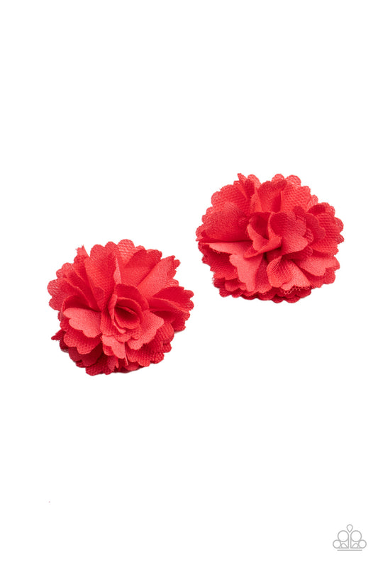 Featuring delicately scalloped edges, coral chiffon and netted petals gather into a pair of colorful blossoms. Each flower features a standard hair clip on the back.  Sold as one pair of hair clips.
