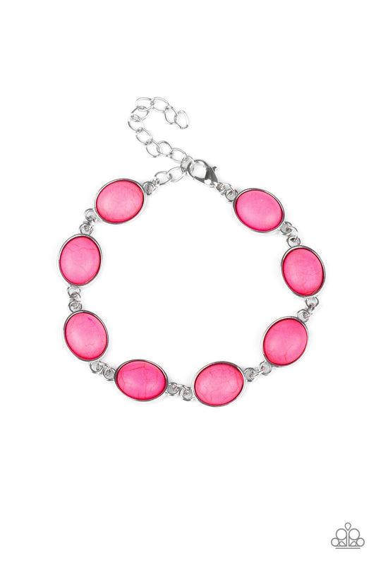 Featuring sleek silver fittings, vivacious Pink Peacock stone beaded frames delicately link around the wrist for a seasonal flair. Features an adjustable clasp closure.

Sold as one individual bracelet.