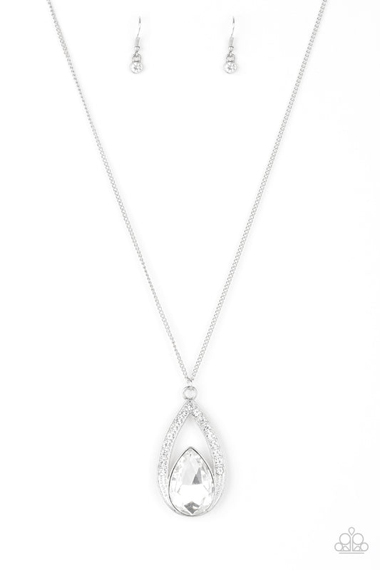 A glittery white teardrop gem is pressed into a silver frame radiating with glassy white rhinestones. The glamorous pendant swings from the bottom of a shimmery silver chain for a refined look. Features an adjustable clasp closure.  Sold as one individual necklace. Includes one pair of matching earrings.