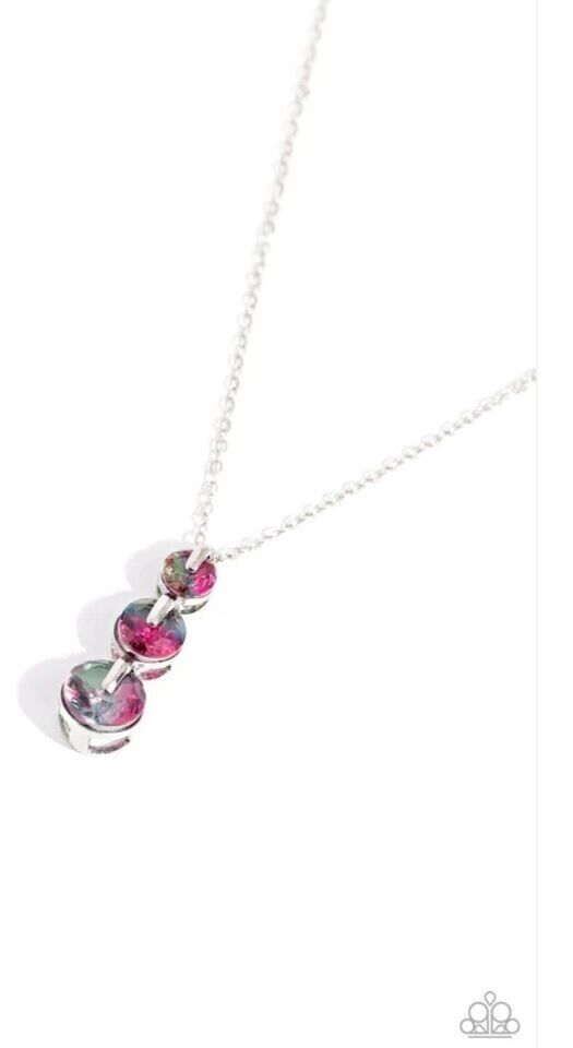 Featuring a UV finish, a collection of blue, green, and pink gems are set in elevated, pronged silver fittings as they gradually increase in size along a dainty silver chain to create a prismatic, ombré display. Features an adjustable clasp closure.  Sold as one individual necklace. Includes one pair of matching earrings.