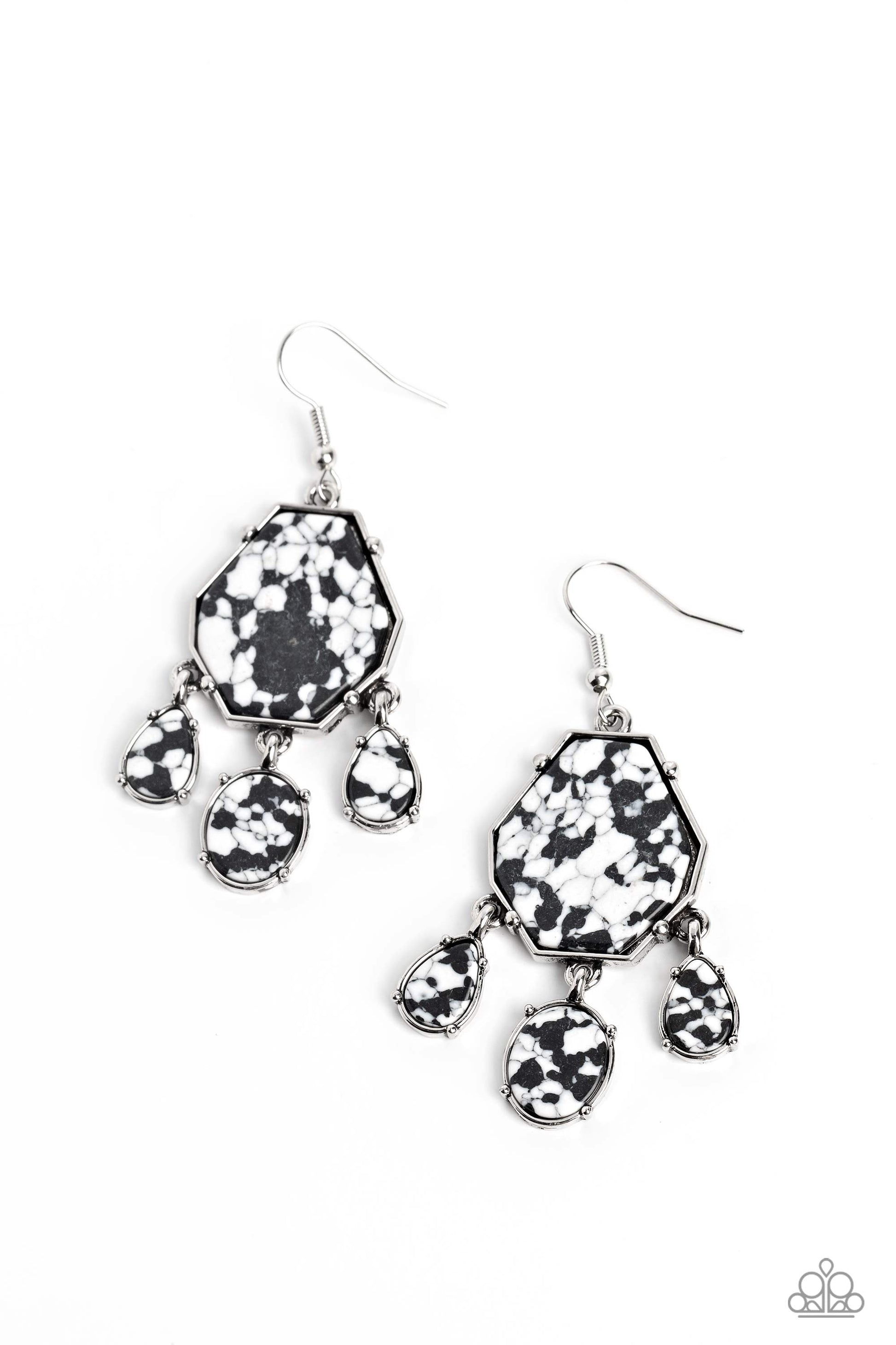 Pronged in place, a trio of oval and teardrop white stones with black marbling swings from the bottom of an elongated geometric-shaped stone in the same hue, creating an earthy fringe. Earring attaches to a standard fishhook fitting. As the stone elements in this piece are natural, some color variation is normal.  Sold as one pair of earrings.
