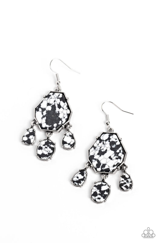 Pronged in place, a trio of oval and teardrop white stones with black marbling swings from the bottom of an elongated geometric-shaped stone in the same hue, creating an earthy fringe. Earring attaches to a standard fishhook fitting. As the stone elements in this piece are natural, some color variation is normal.  Sold as one pair of earrings.