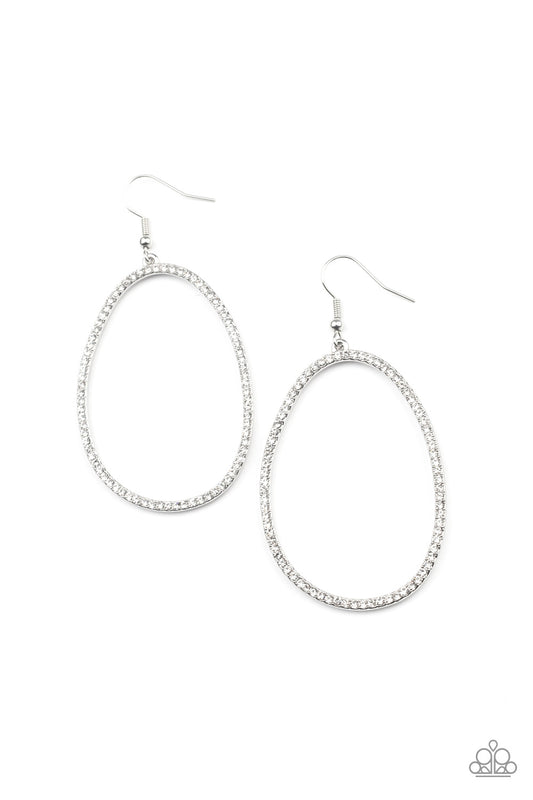 Dotted in dainty white rhinestones, an asymmetrical oval silver frame swings from the ear for a sassy look. Earring attaches to a standard fishhook fitting.

Sold as one pair of earrings.