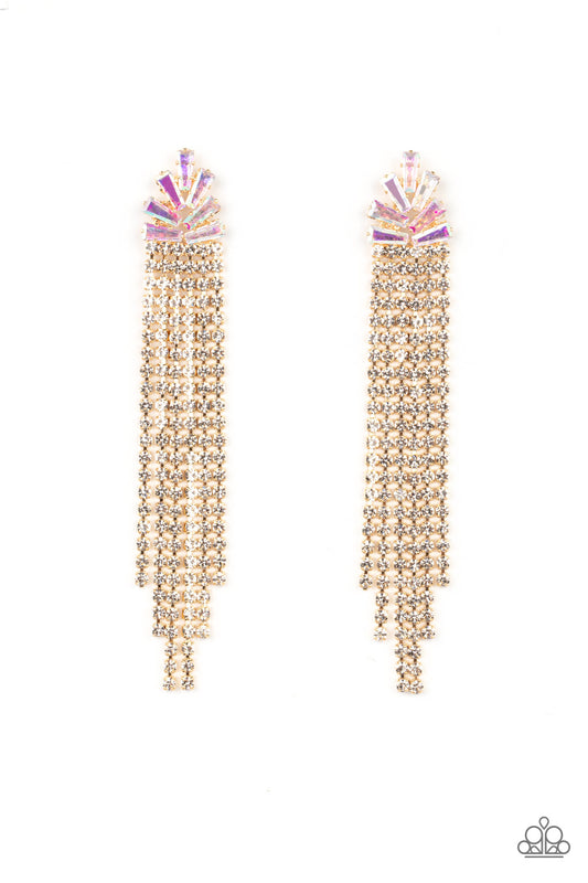 Sparkly strands of dainty white rhinestones stream out from the bottom of a gold frame made up of a staggered collection of iridescent and trapezoidal cut rhinestones, resulting in a timeless tassel. Earring attaches to a standard post fitting.  Sold as one pair of post paparazzi earrings.