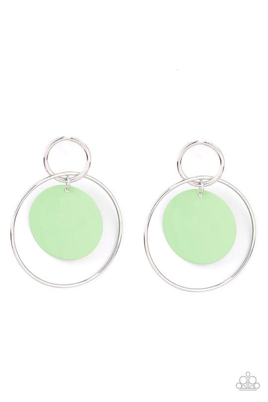 A minty Green Ash disc swings from two interlocking silver hoops, creating a flirtatious pop of color. Earring attaches to a standard post fitting.  Sold as one pair of post earrings.