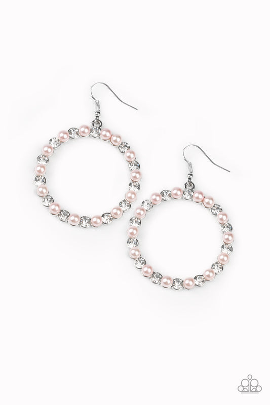 Bubbly pink pearls and glassy white rhinestones alternate along the front of a shimmery silver hoop for a timeless look. Earring attaches to a standard fishhook fitting.  Sold as one pair of earrings.