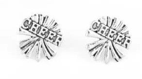 Kids' silver pom pom earrings with cheer across center