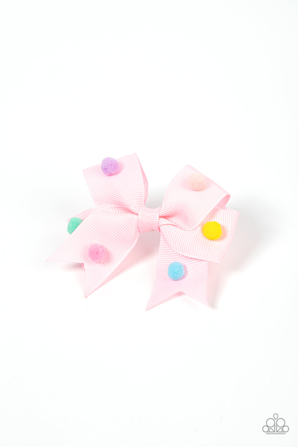 Dainty multicolored pom poms dot the front of a ribbed Pale Rosette ribbon that neatly knots into a charming bow, creating a whimsical centerpiece. Features a standard hair clip on the back.  Sold as one individual hair clip.