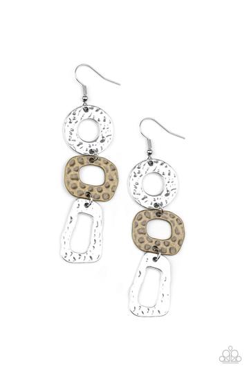 Featuring asymmetrical shapes, a hammered trio of imperfect brass and silver frames link into an edgy handcrafted lure. Earring attaches to a standard fishhook fitting.  Sold as one pair of earrings.