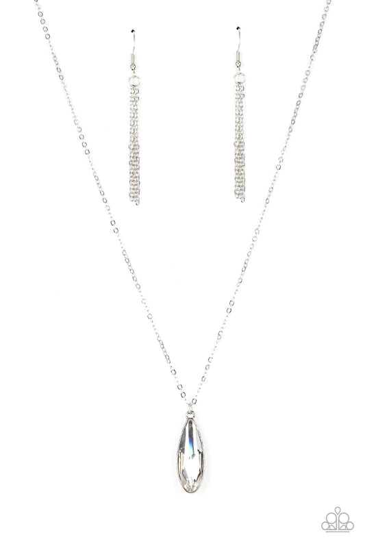 Encased in a sleek silver fitting, an elongated white teardrop gem swings from the bottom of a classic silver chain below the collar for a timeless elegance. Features an adjustable clasp closure.  Sold as one individual necklace. Includes one pair of matching earrings.