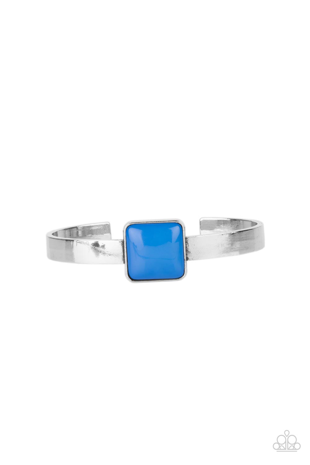 A square French Blue bead is pressed into the center of a sleek silver frame that sits atop a dainty silver cuff, creating a bold pop of color atop the wrist.  Sold as one individual bracelet.
