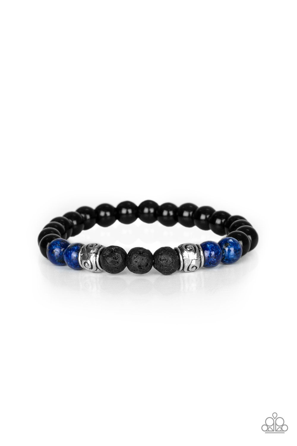 Infused with ornate silver accents, an earthy collection of glassy black beads, blue stone beads, and black lava rock beads are threaded along a stretchy band around the wrist for a seasonal look.  Sold as one individual bracelet.