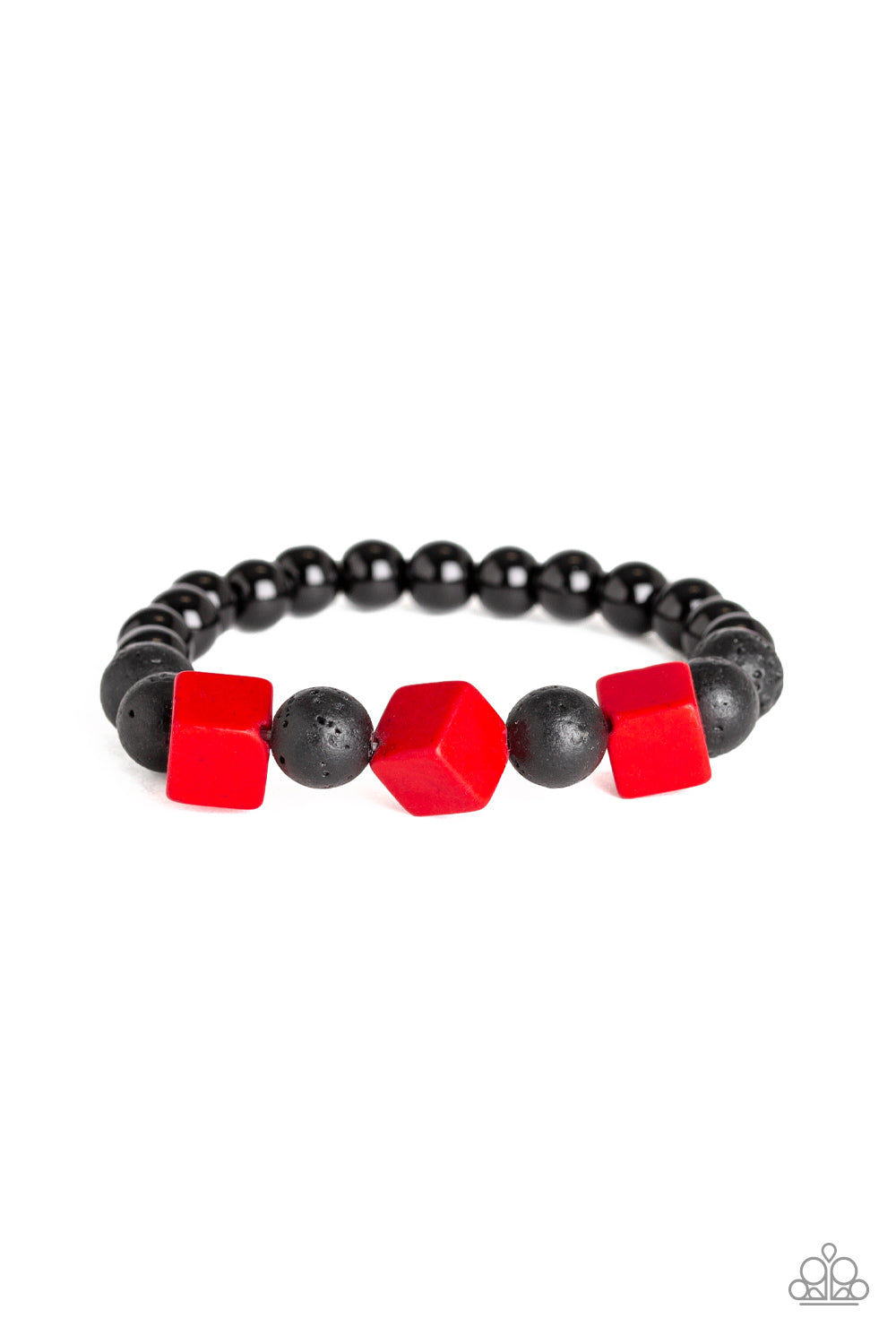 An earthy collection of shiny black beads, black lava rock beads, and red wooden cubes are threaded along a stretchy band around the wrist for a seasonal flair.  Sold as one individual bracelet.