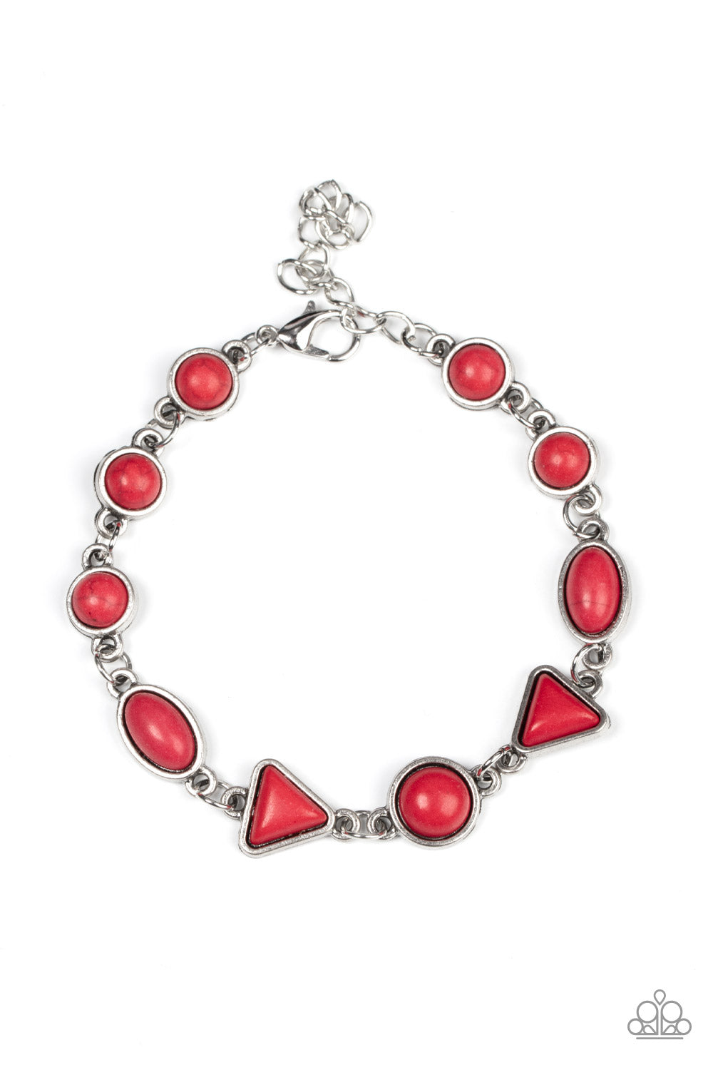 Encased in rustic silver frames, an earthy assortment of triangular, oval, and round red stones delicately links into an artisan-inspired centerpiece around the wrist. Features an adjustable clasp closure.  Sold as one individual bracelet.