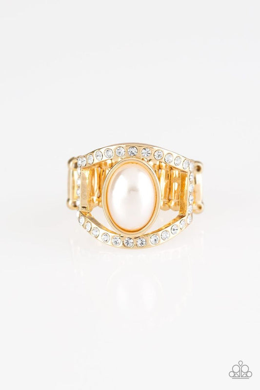 A pearly white bead sits between two white rhinestone encrusted bands, creating the illusion of a floating centerpiece. Features a stretchy band for a flexible fit.  Sold as one individual ring. Paparazzi Accessories