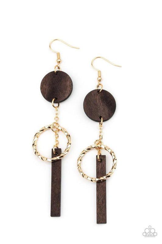 A twisted gold hoop is suspended between round and rectangular wooden frames, creating a refined lure. Earring attaches to a standard fishhook fitting.  Sold as one pair of earrings.