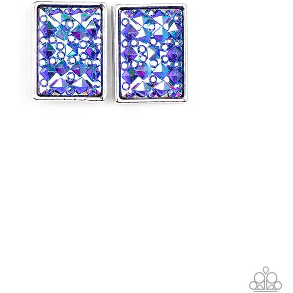 Kid's rectangle earrings with blue rhinestone chips