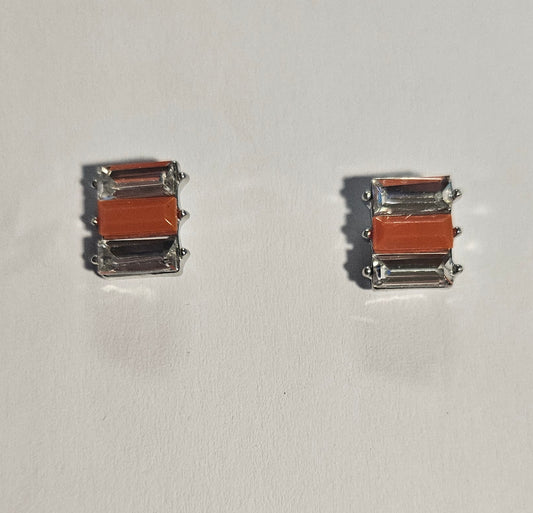 Kids' rectangle earrings with orange rectangle bead in center and clear rectangle beads on each side