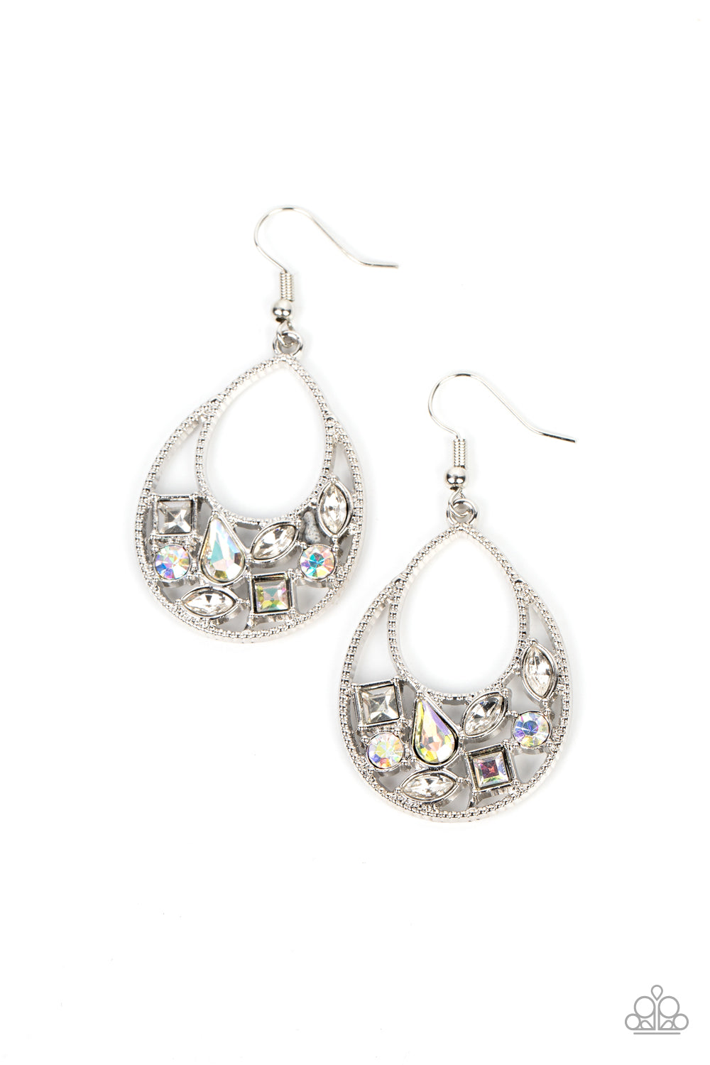 Featuring square, marquise, teardrop, and round cuts, an effervescent collection of white and iridescent rhinestones delicately collects along the bottom of a studded silver teardrop for a bubbly finish. Earring attaches to a standard fishhook fitting.  Sold as one pair of earrings.