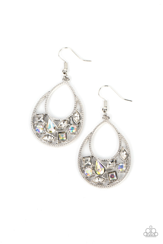 Featuring square, marquise, teardrop, and round cuts, an effervescent collection of white and iridescent rhinestones delicately collects along the bottom of a studded silver teardrop for a bubbly finish. Earring attaches to a standard fishhook fitting.  Sold as one pair of earrings.