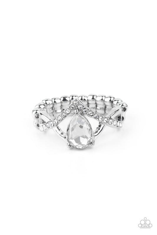 A smoky rhinestone teardrop is nestled atop an arcing silver band encrusted in glassy white rhinestones, creating an elegant centerpiece atop the finger. Features a dainty stretchy band for a flexible fit.  Sold as one individual ring.